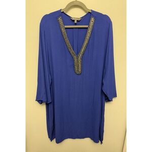 Ulla‎ Popken Dress Women's 24/26 Blue Royal Tunic Beaded Neckline Flutter Sleeve
